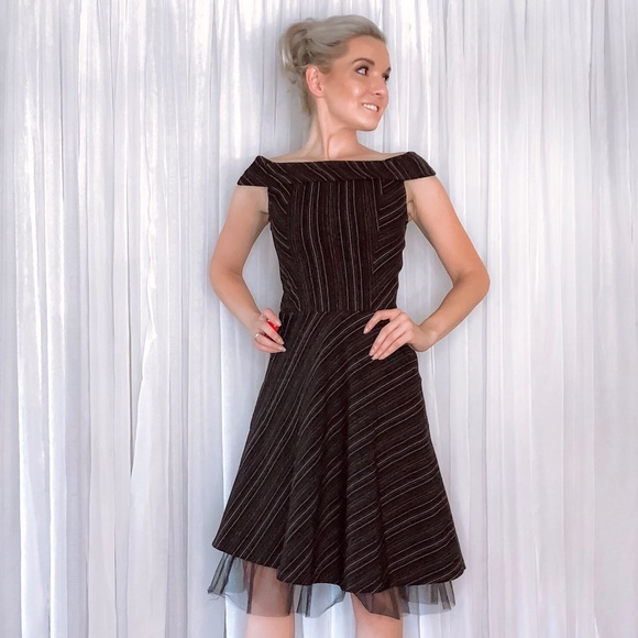 Black Stripe Off Shoulder Fit and Flair Dress - Picture 7 of 8